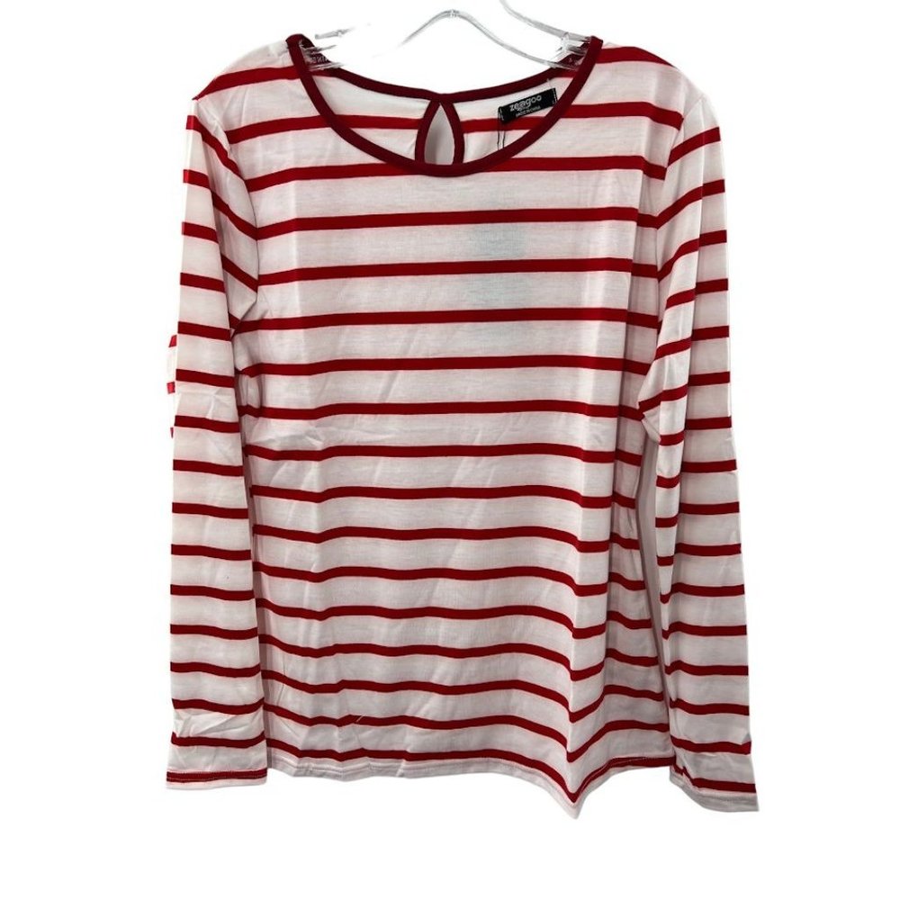 NWT Zeagoo Women's Red and White Round Neck Slim Long Striped